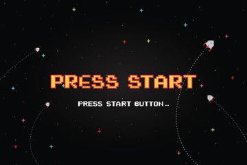 PRESS START INSERT A COIN TO CONTINUE. pixel art .8 bit game. retro game. for game assets. Retro Futurism Sci-Fi Background. glowing neon grid. and stars from vintage arcade computer games