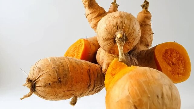 Rotating Fresh Butternut Squash Close Up Against White Background Showcasing Vibrant Colors and Textures Perfect for Culinary Food Stock Video