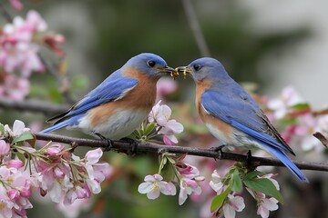Obraz premium Azure bluebirds on branch with soft blooms radiance 