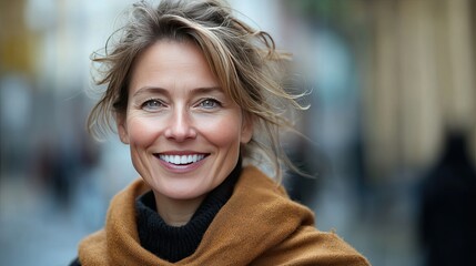A smiling woman with long, wavy brown hair is wearing a brown shawl.