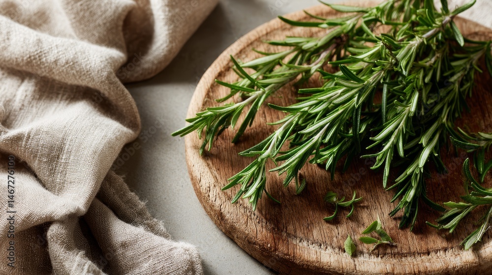 Poster textured cedar cutting board with fresh rosemary sprigs rests on a rustic linen cloth, creating an i