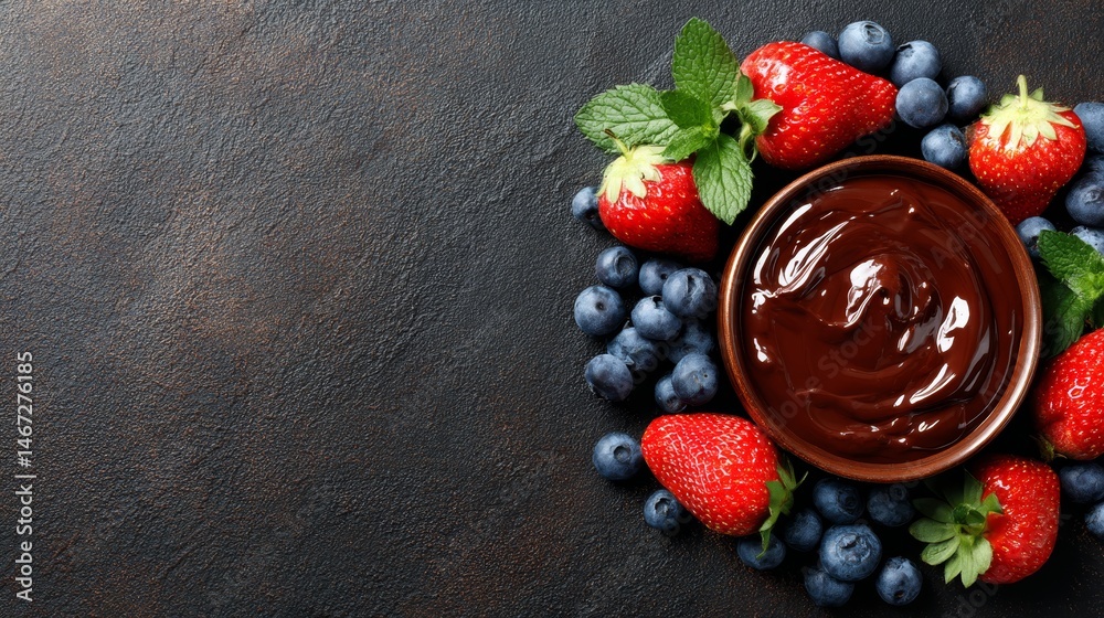 Aufkleber overhead view of a glossy bowl holding melted chocolate, encircled by ripe strawberries and blueberr