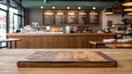 Wooden board empty table in front of blurred background