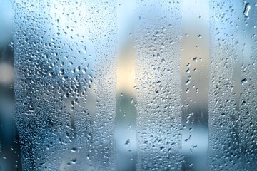 Close up of condensation water droplets on window glass surface with blue tones