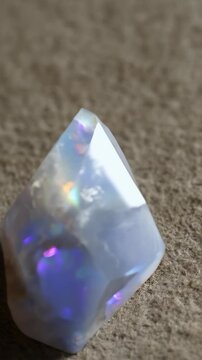 Iridescent Opalite Crystal Point Stone on Neutral Tan Background with Rainbow Reflections