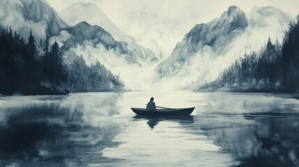 Fototapeta premium Hand-drawn Ink Painting of a Fisherman Rowing a Boat