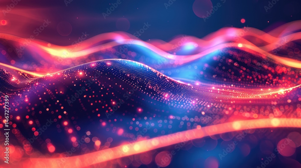 Poster abstract picture of neon light particle with digital technology style design connecting become dynam