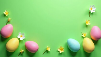 Vibrant green background with pastel Easter eggs and spring flowers , pastel background, backdrop, nature