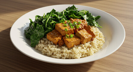 Close Up of Tofu and Brown Rice on a White Plate with Green Leafy Vegetables on a Wooden Table