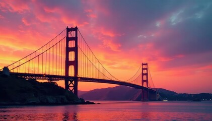 Obraz premium Majestic bridge tower against a vibrant sunset sky , landmark, columns