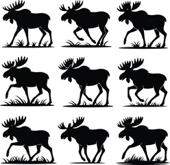 Moose Silhouette Set | Wild Animal Icon Collection Majestic Moose Vector Silhouettes | Forest Wildlife Design