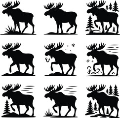 Moose Silhouette Set | Wild Animal Icon Collection Majestic Moose Vector Silhouettes | Forest Wildlife Design
