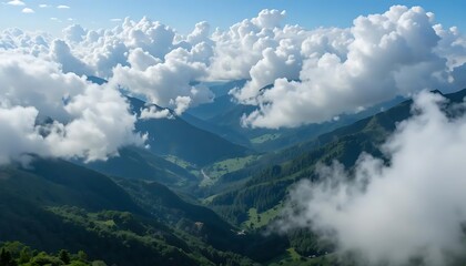 Fototapeta premium Mountain Valley View with Clouds and Green Hills