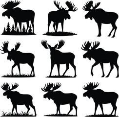 Moose Silhouette Set | Wild Animal Icon Collection Majestic Moose Vector Silhouettes | Forest Wildlife Design
