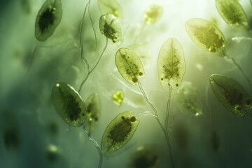 Microscopic life form reveals translucent, light-filled oval shapes, connected with the thin and translucent stems in a soft green environment.