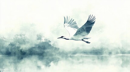 Fototapeta premium Japanese Crane Flying Over a Peaceful Lake