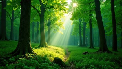 Fototapeta premium Lush green Estonian forest with sunbeams filtering through leaves , plants, nature, foliage