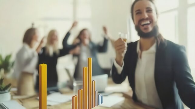 Excited business team celebrating success with rising graph colleagues cheering for achieving goals in modern office vibrant atmosphere