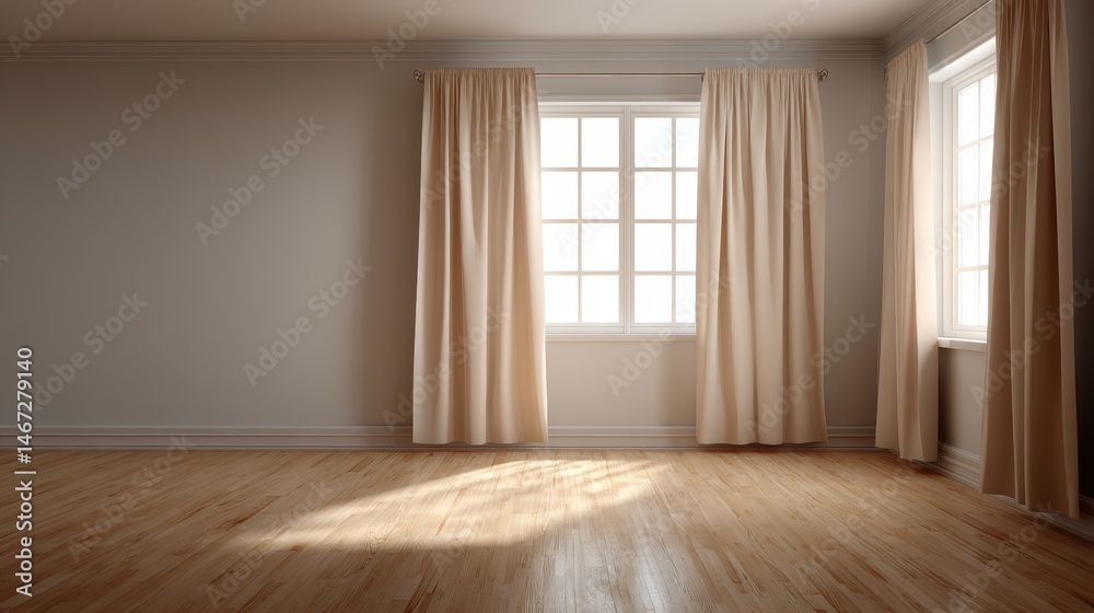 Poster smooth wooden flooring contrasts with neutral walls while sunlight softly illuminates light beige cu
