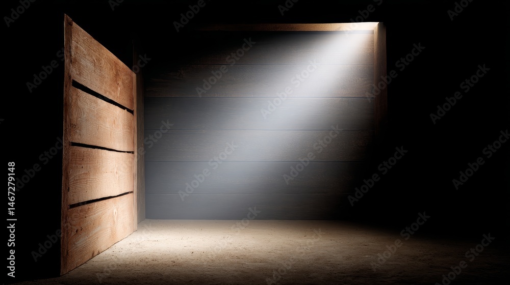 Poster Light breaks through the darkness, illuminating a mysterious glowing object inside a wood crate. The contrasting shadows create an intriguing atmosphere