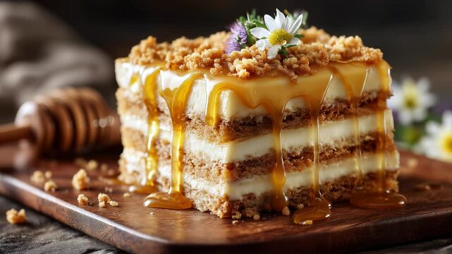Layered cake draped in golden honey and cream rests on rustic wooden board, evoking homemade charm. Soft sponge layers and rich cream filling, indulgent texture of cake, inviting taste experience