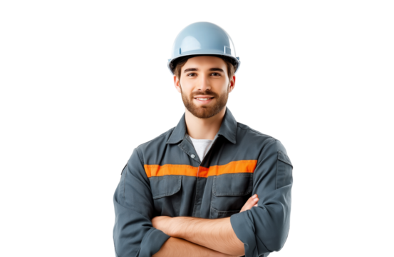 Portrait of a smiling male construction worker wearing helmet, isolated on transparent background