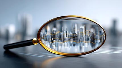 Cityscape view through magnifying glass symbolizing detailed market analysis and research