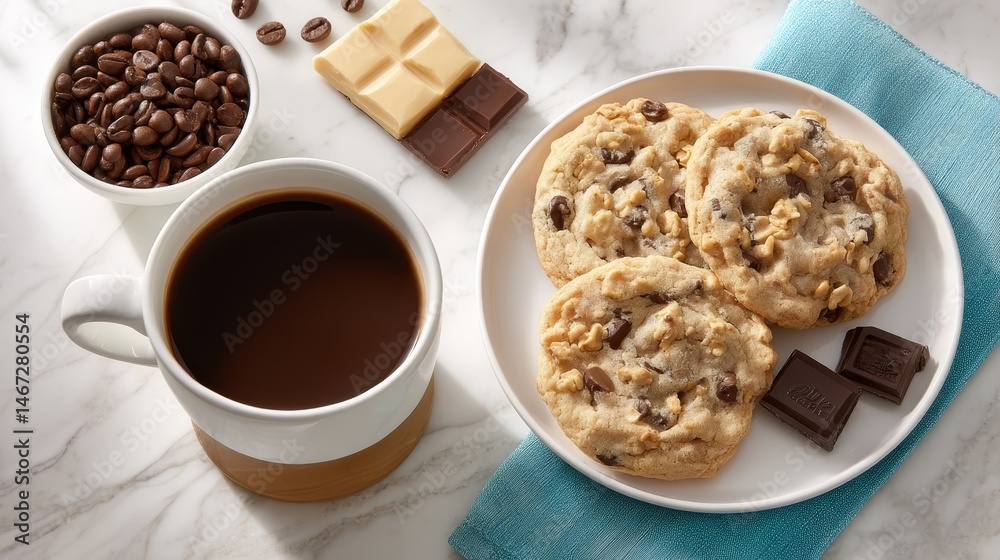 Poster delicious oatmeal cookies arranged on a ceramic plate beside chocolate and coffee on a bright counte