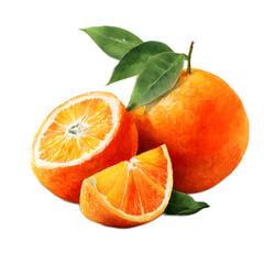 Closeup showcasing the intricate details of a fresh ripe orange fruit with leaves segments and vibrant against a clean white backdrop