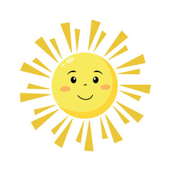 Bright smiling sun with rays shining in a cheerful design suitable for children’s art and illustrations