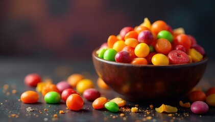 A colorful assortment of Halloween candies in a bowl, ready for trick-or-treating , pumpkin, bat, goodies