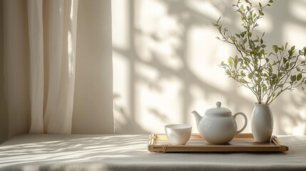 Minimalist tea set, sunlight through window