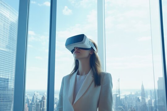 A young woman wearing VR glasses stands in front of a large window with city view, experiencing virtual reality. - Powered by Adobe