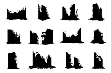 Silhouettes of ruined wall fragments, debris pile black figures isolated on transparent background. Destroyed structure remnants. War aftermath, disaster zone element. Vector set for destruction scene