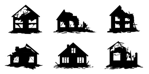 Set of silhouettes of damaged residential houses with missing roofs and broken walls, partially collapsed structures after airstrike, shelling, or earthquake. War or disaster aftermath scenes.