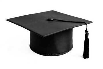 Black graduate cap, tassel hanging, isolated on white background , graduation photoshoot, academic, white