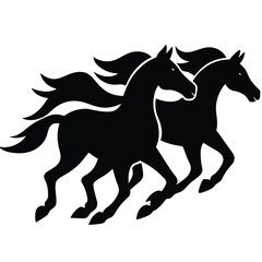 Majestic Pair of Running Horses Black Silhouette Illustration
