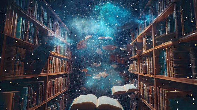 A fantastical library with books floating in cosmic space.