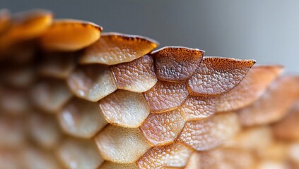 Close-up of intricate, overlapping scales, showcasing texture and color variations in warm tones