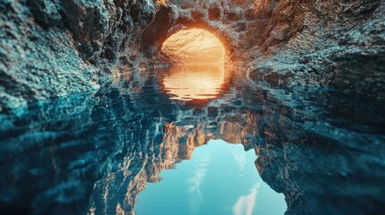 Reflective rock formations beneath a vibrant sky.