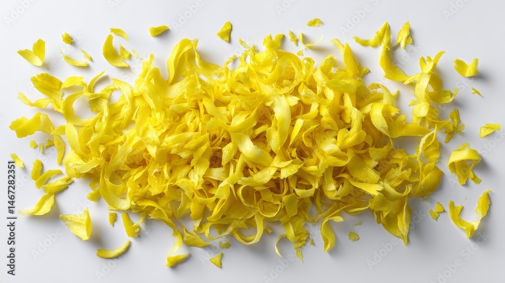 Poster bright yellow lemon zest strips are scattered freely on a white surface, showcasing their curved sha