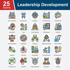 Leadership Development is a collection of icons representing the essential qualities and practices for growing leadership skills, including empowerment, goal-setting, communication, collaboration.