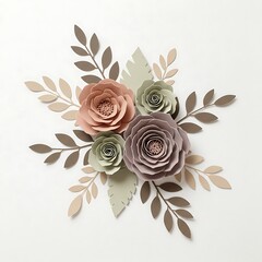 Paper crafted floral arrangement with leaves isolated on white background