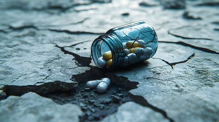 Broken Jar of Pills on Cracked Earth
