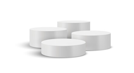 Four Podium platform white product 3D stands. Display cylinder mockup. Round pedestal set in a realistic studio environment for modern showcases. 
