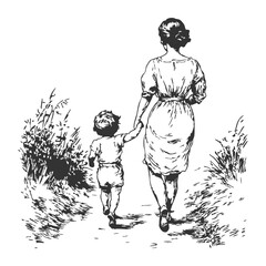 Vector illustration of mother and child walking on a path. Godmother hand-drawn ink clipart.