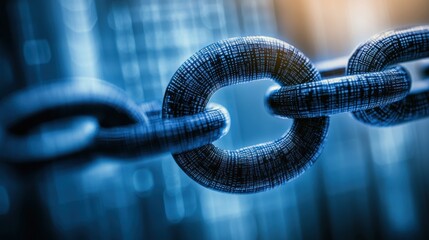 Metallic chain links interlocking representing strength connection and teamwork in a blurred blue tone security concept idea