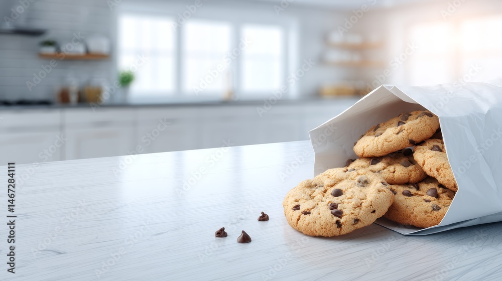 Poster bright daylight pours in as cookies spill from an open bag onto a clean kitchen counter, creating an