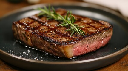 Delicious Ribeye Steak with Rosemary Garnish on a Rustic Plate Representing a Sophisticated Dining Experience