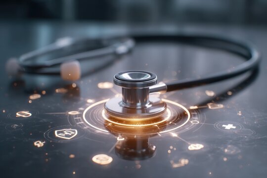 A close-up shot of a stethoscope connected to a digital interface, surrounded by glowing medical symbols in a clean, modern setting.